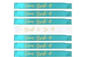 SKJIAYEE 7pcs Bachelorette Party Sash Set - White Gold Letters Bride to Be and Team Bride Sashes for Party Decorations - Bridal Shower Favors Gift (White+Teal)