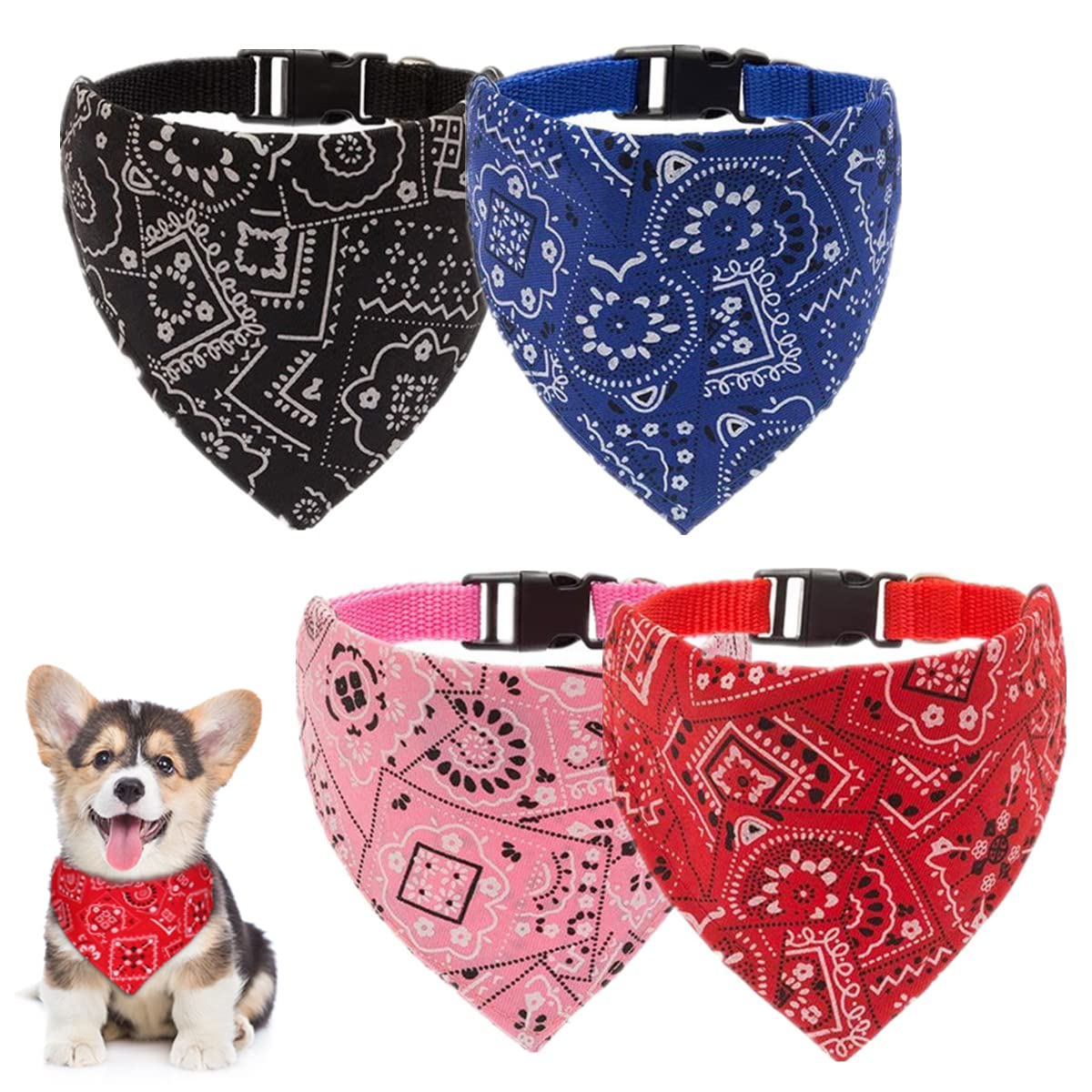 4 Pack Adjustable Dog Cat Bandana Collar Boho Pet Neckerchief Washable Triangle Dog Bandana with Adjustable Buckle Puppy Scarf for Small Dog and Cat (Boho Style)