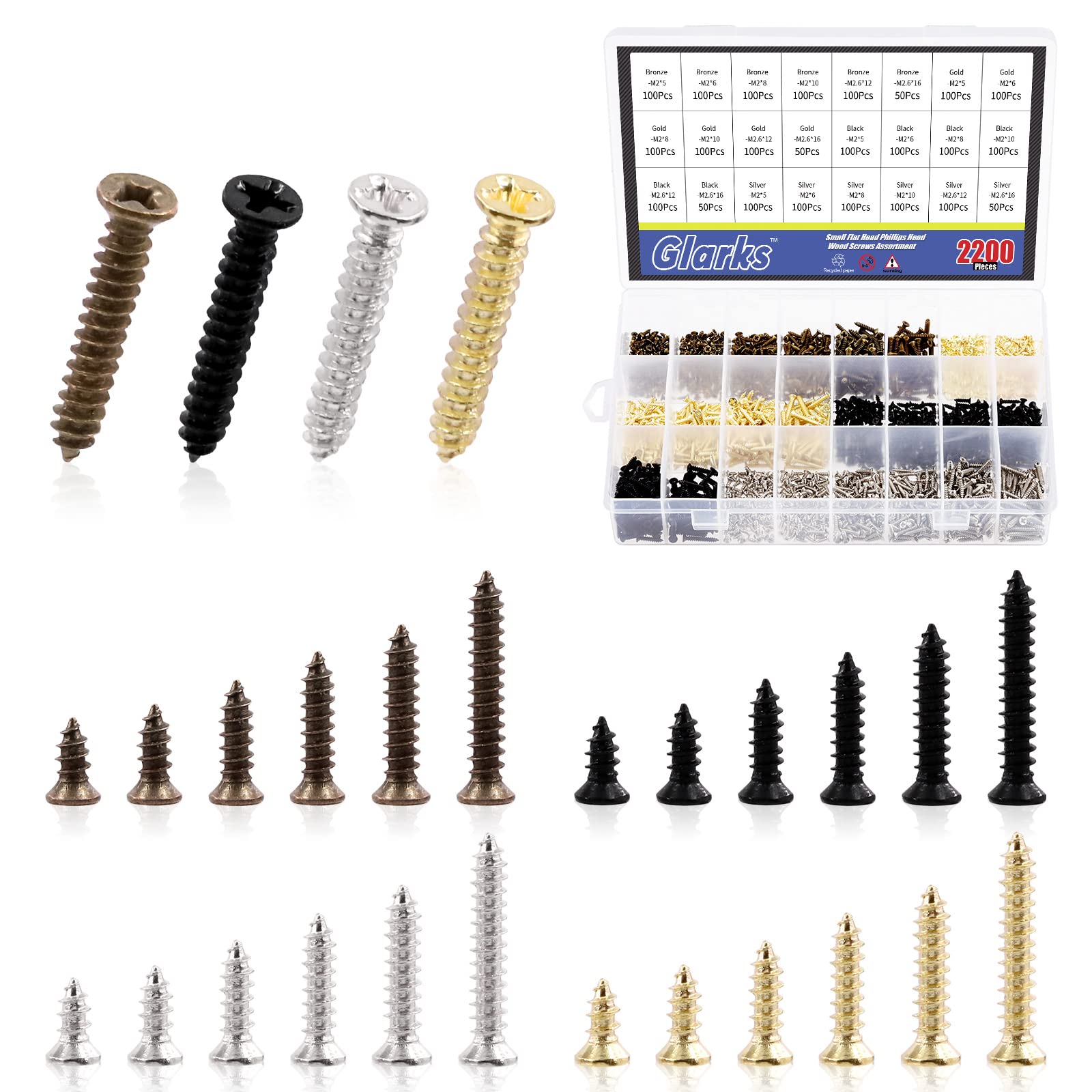 Glarks 2200Pcs Self Tapping Flat Cross Head Screws Assortment Kit 5MM 6MM 8MM 10MM 12MM 16MM Metal Screws Small Wood Screws for Wood/Drywall/Construction(Black, Bronze, Nickle, Gold)