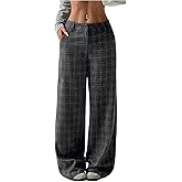 MakeMeChic Women's Plaid Wide Leg Pants Low Waist Business Trousers with Pockets