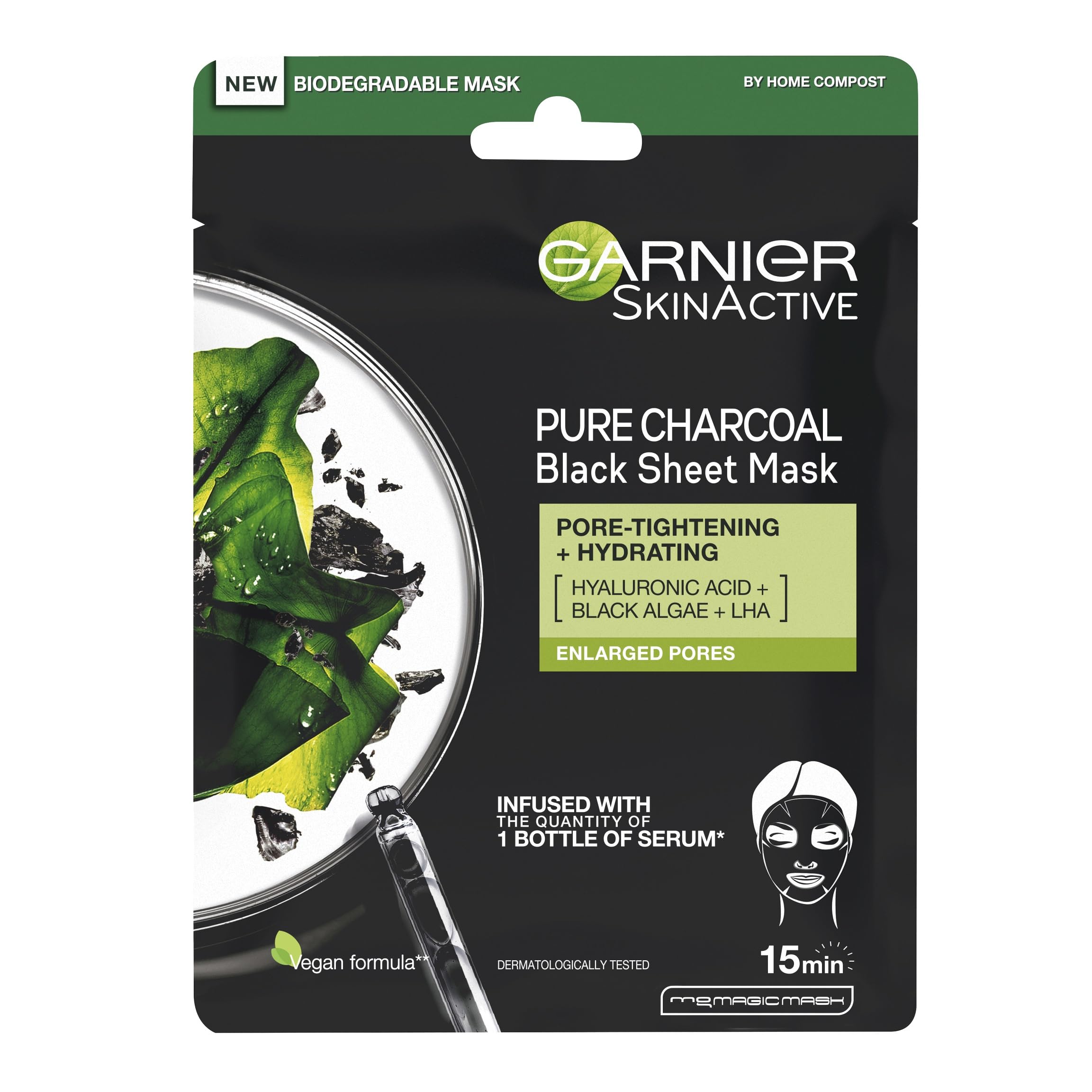 Garnier Pure Charcoal and Algae Sheet Mask, Purifying and Hydrating Face Mask With Hyaluronic Acid, LHA & Black Algae, Tightens Enlarged Pores & Purifies Skin, Vegan Tissue Mask, 28g