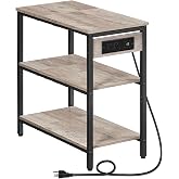 HOOBRO End Table with Charging Station, Side Table with 3 Tier Storage Shelf, Narrow Nightstand for Small Spaces, for Living Room, Bedroom, Easy Assembly, Greige and Black BG149UBZ01