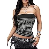 WDIRARA Women's Letter Rhinestone Striped Tube Top Y2k Ruched Strapless Bandeau Tops