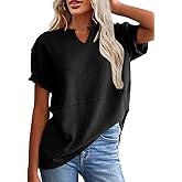 SHEWIN Womens Casual V Neck Waffle Knit Tops Short Sleeve T Shirts Loose Blouses