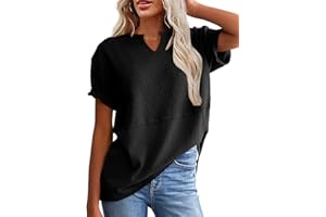 SHEWIN T Shirts for Women Casual V Neck Waffle Knit Womens Tops Short Sleeve Shirts Loose Blouses