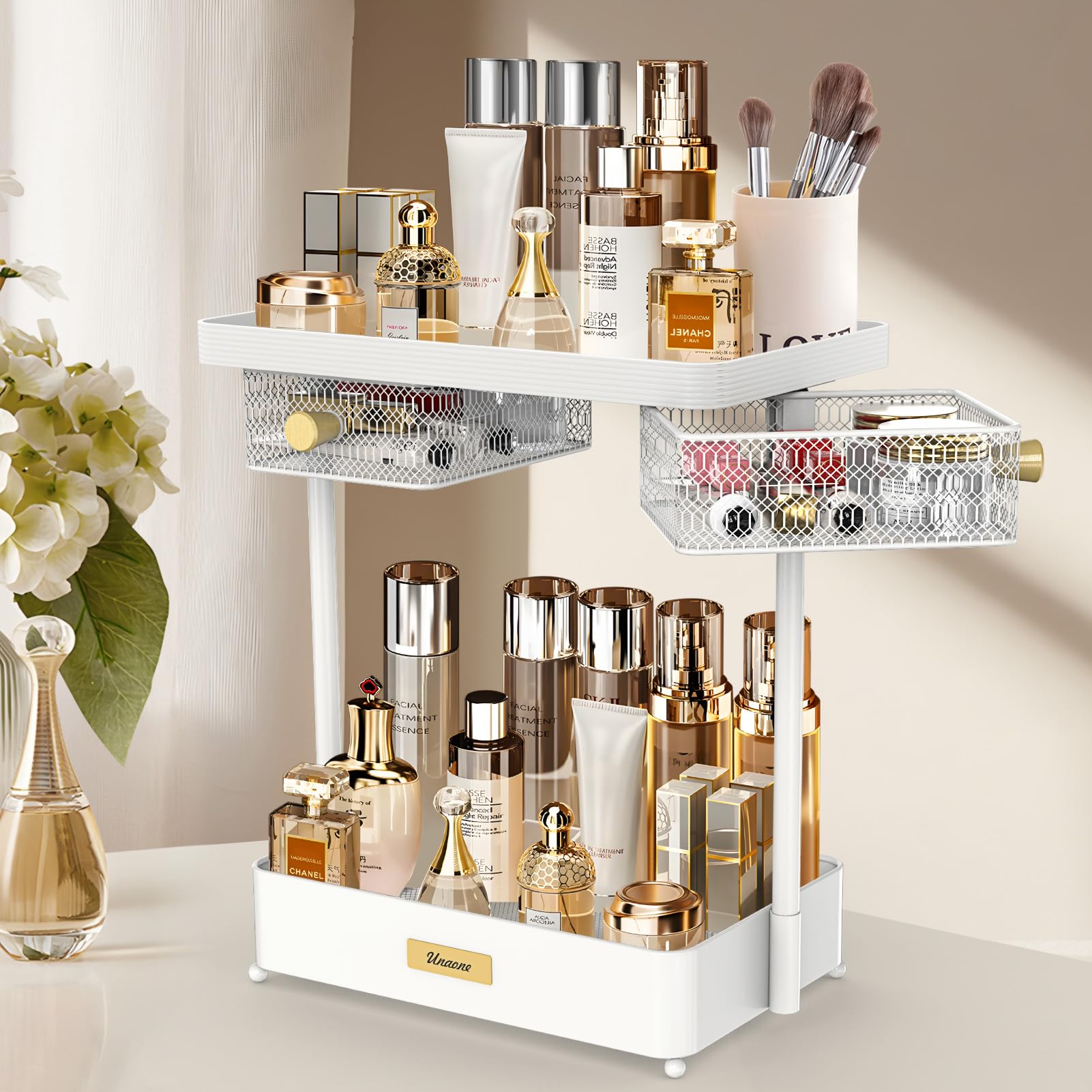 Photo 1 of Unaone Makeup Organizer Countertop - 2 Tier Skincare Organizer with 2 Rotating Drawers, Versatile Cosmetic Display Cases Perfume Organizer for Vanity Bathroom Countertop, Ideal Gifts for Women (White)