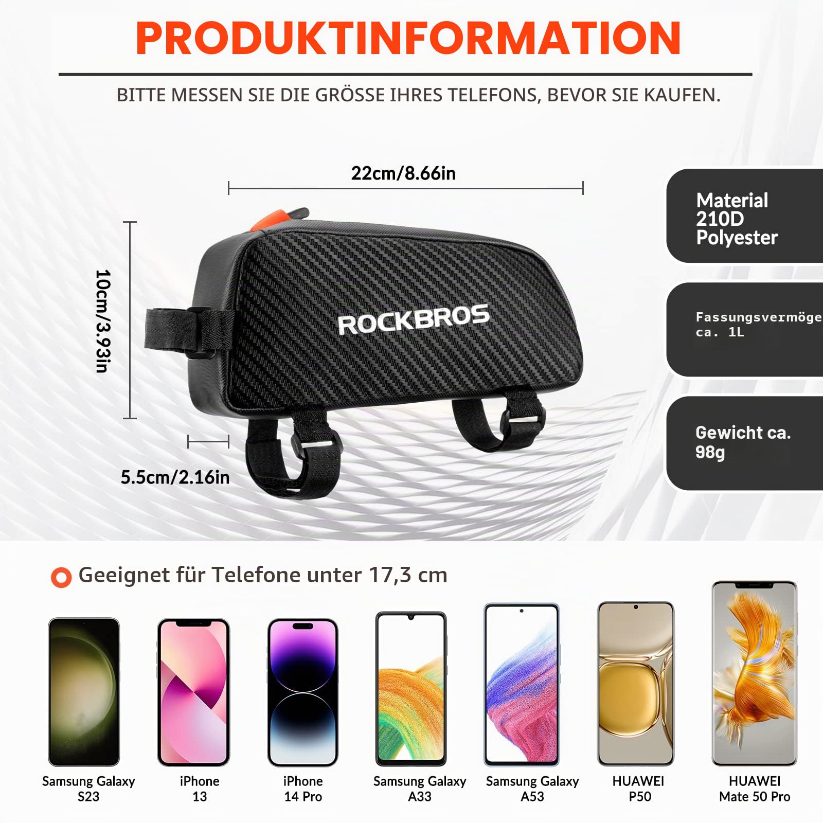 ROCKBROS Fahrrad Rahmentasche Oberrohrtasche ca.1L mit Seitliche Kordel 2