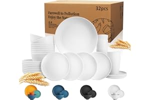 Wrova 32-piece Kitchen Alternative Plastic Wheat Straw Dinnerware Sets,Unbreakbale Dishwasher Safe Kitchen Bowls and Plates Sets with Cups,Modern Apartment Essential Dishes Set for 8.White Series