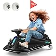 360 Degrees Rotating Ride On Drift Car, 24V Electric Drifting Go Kart for Kids W/Replacement Wheels, High/Low Speed, 24V Brushless Motor, Flashing Lights, Flag, Music,Bluetooth, Black