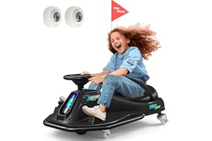 JOYLDIAS 360 Degrees Rotating Ride On Drift Car, 24V Electric Drifting Go Kart for Kids W/Replacement Wheels, High/Low Speed, 24V Brushless Motor, Flashing Lights, Flag, Music,Bluetooth, Black