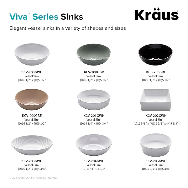 KRAUS VIVA™ ROUND WHITE PORCELAIN CERAMIC VESSEL BATHROOM SINK, 16 1/2 IN. D X 5 1/2 IN. H, KCV-200GWH