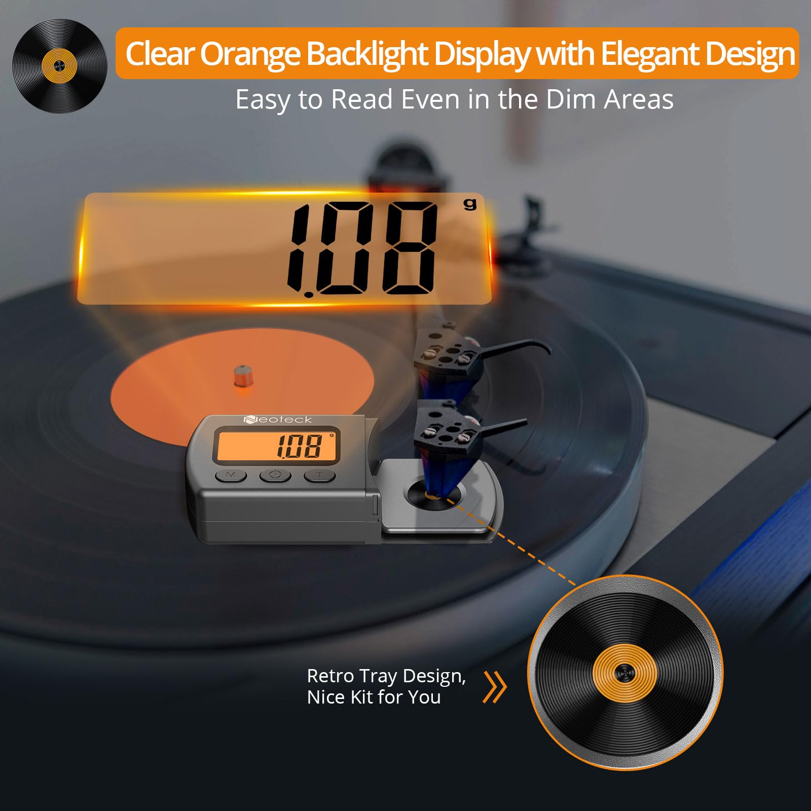 Neoteck Digital Turntable Stylus Force Scale Gauge 0.01g/5.00g Orange LCD Backlight for Tonearm Phono Cartridge-Silver Grey