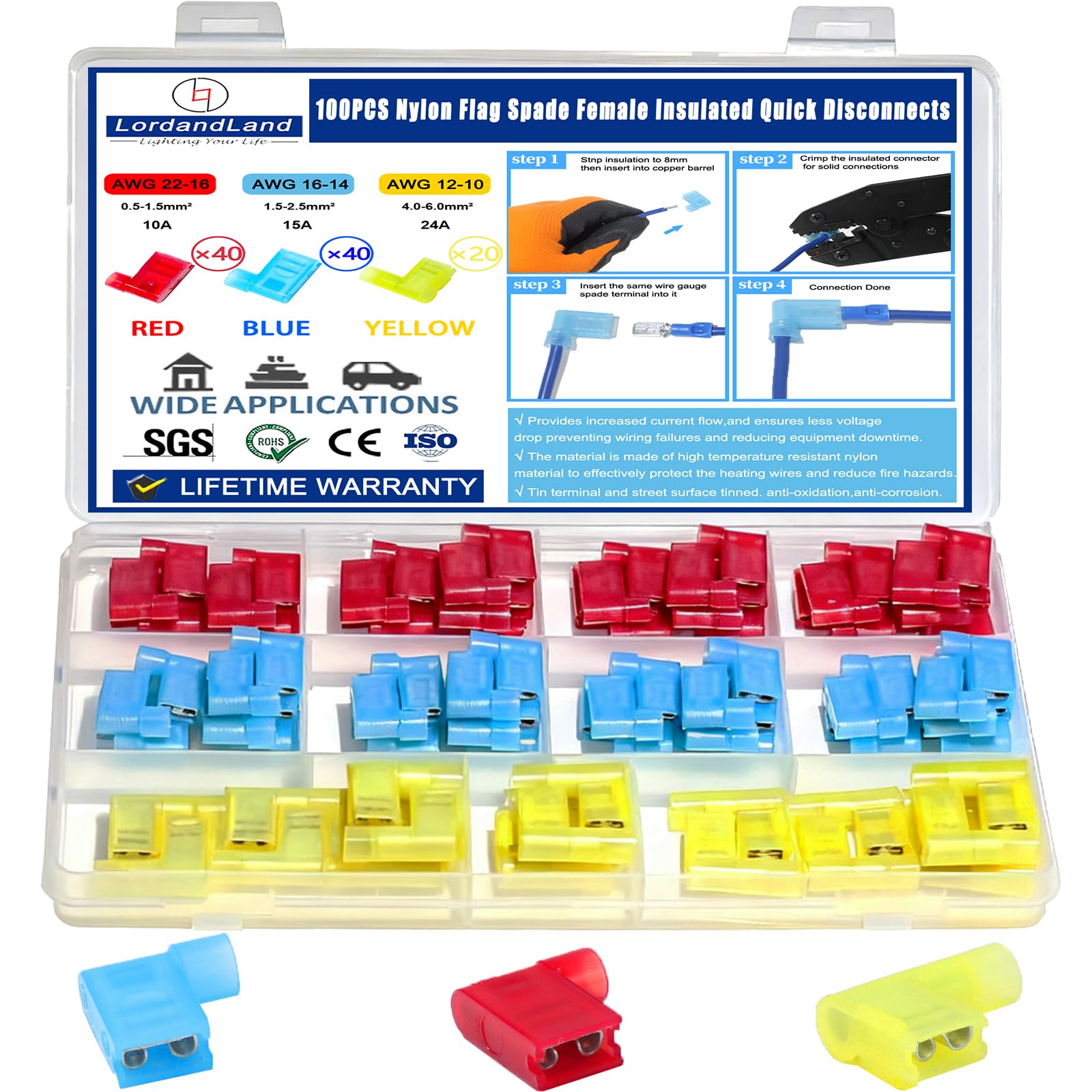 Photo 1 of 100pcs Nylon Flag Spade Female Insulated Quick Disconnects 22-18/16-14/12-10AWG Right Angle Spade Connector Red/Yellow/Blue 90 Degree Wire Terminal Connector