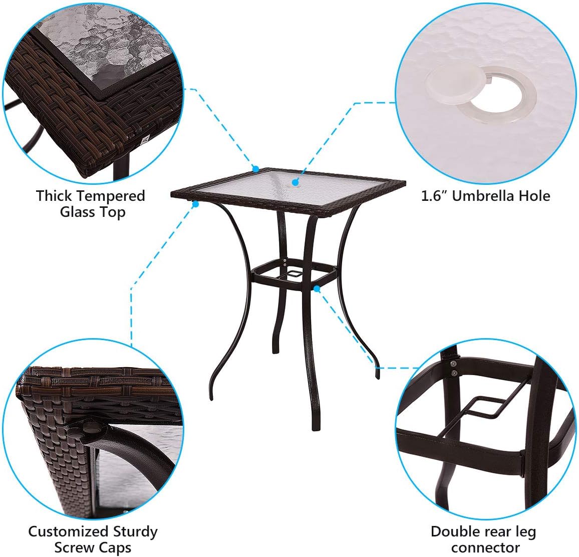 TANGKULA Patio Table Outdoor Garden Balcony Poolside Lawn Glass Top Steel Frame All Weather Dining Bistro Table (Mix Brown Square 28.5"): Kitchen & Dining