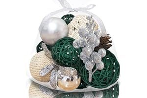 Qingbei Rina Christmas Bowl Fillers Silver,Decorative Balls for Centerpiece Vase Fillers,Assorted Wicker Rattan Balls,Winter Orbs Woven Spheres Holiday Farmhouse Home Decor
