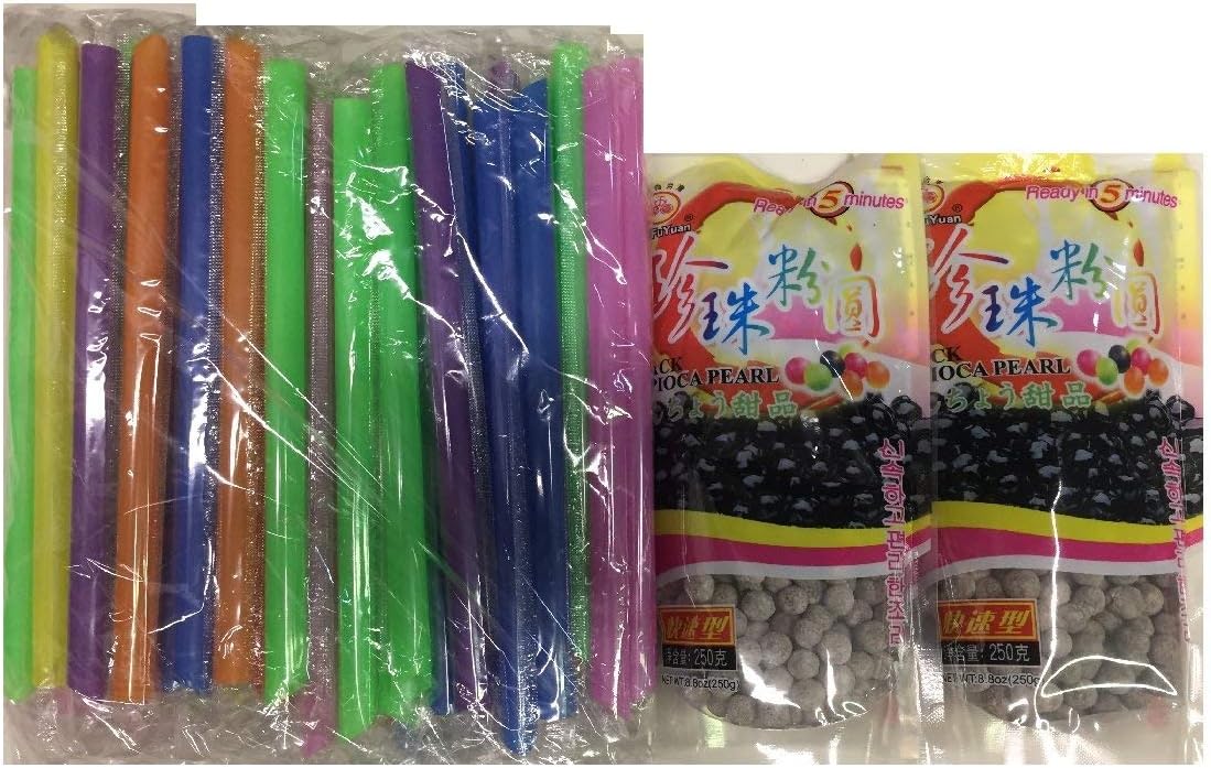 BOBA Black Tapioca Pearl Bubble Tea, 6 Pack (Each 8.8 OZ) + 1 Pack of 50 BOBA Straws (Variety Color)