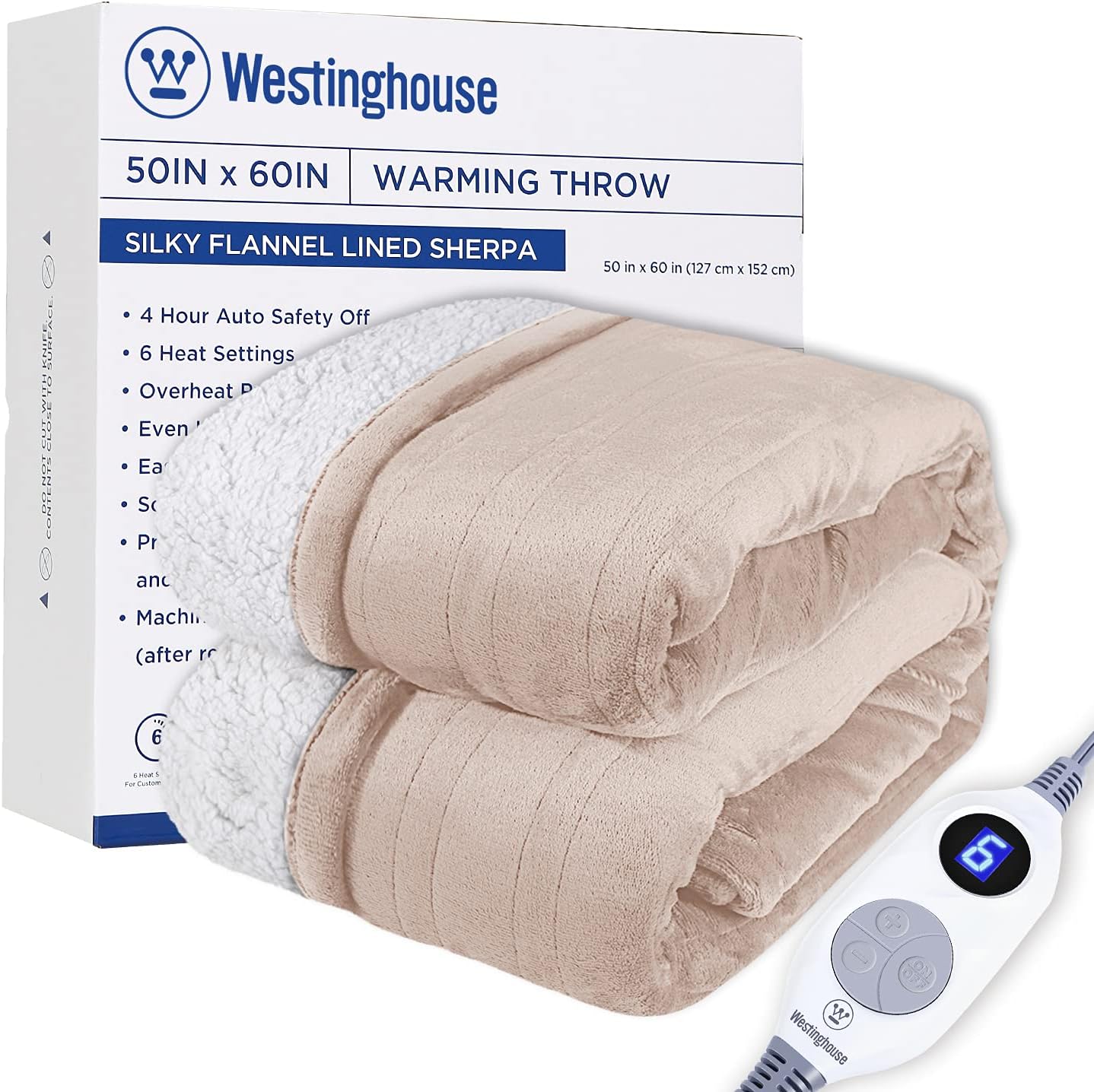 Westinghouse Electric Blanket Heated Throw Flannel to Sherpa Reversible Heating Blanket 50"x60", 6 Heat Settings & 4 Hours Auto Off, Machine Washable Ivory 50x60in: Kitchen & Dining