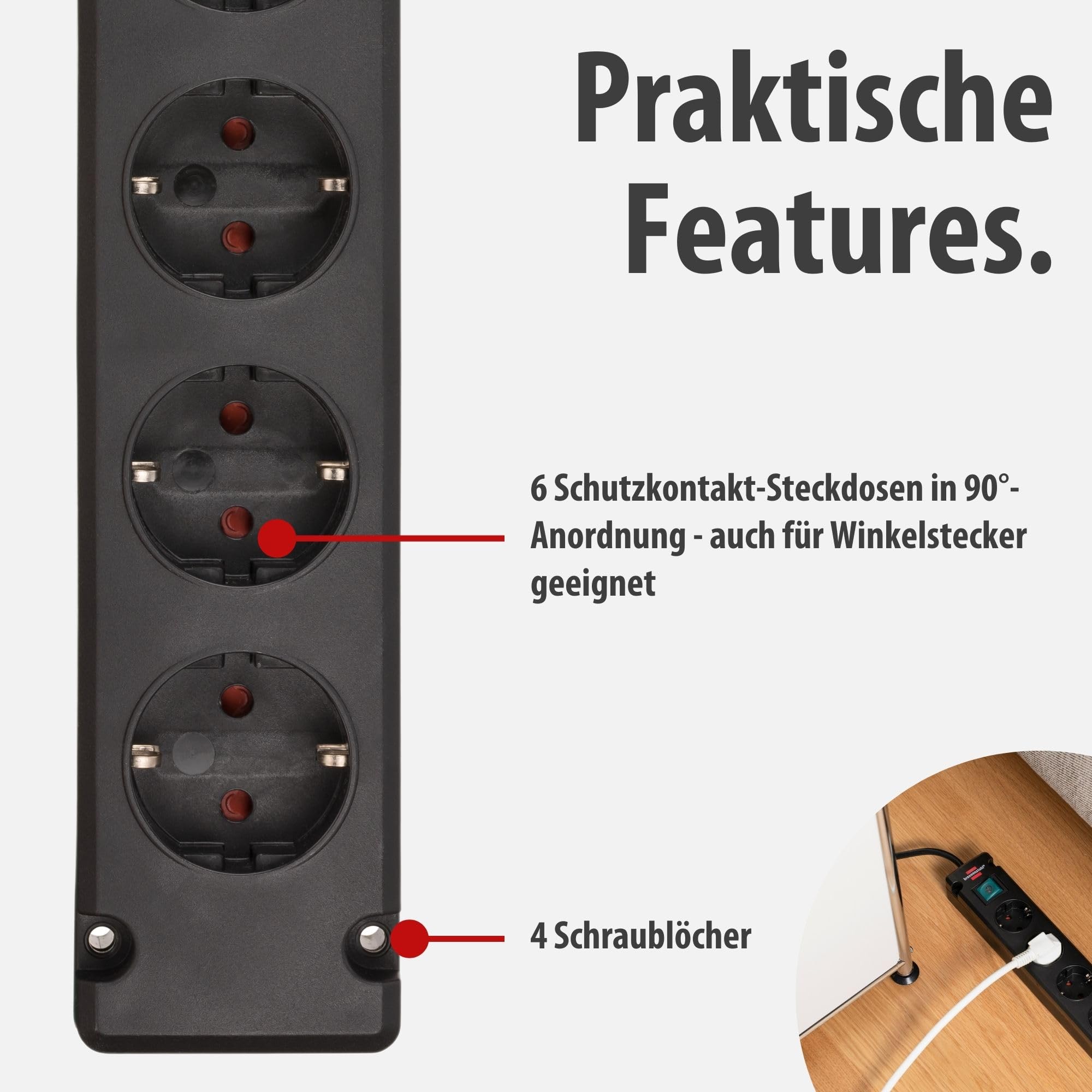 Brennenstuhl Bremounta Steckdosenleiste 6-Fach mit Schalter (Mehrfachsteckdose mit 90 Grad Steckdosen, Steckerleiste mit Befestigungsmöglichkeit und 3m Kabel) schwarz 3