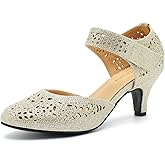Women's Comfortable Mary Jane Pumps Vintage Cutout Closed Toe Kitten Heels for Dressy Office Work