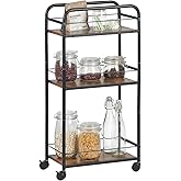 FUSLITE Small Bar Cart for Small Spaces, 3-Tier Slim Rolling Kitchen Cart on Wheels, Narrow Cart with Protective Fence, Industrial Mini Coffee Station for Home,Living Room,Bathroom, Rustic Brown