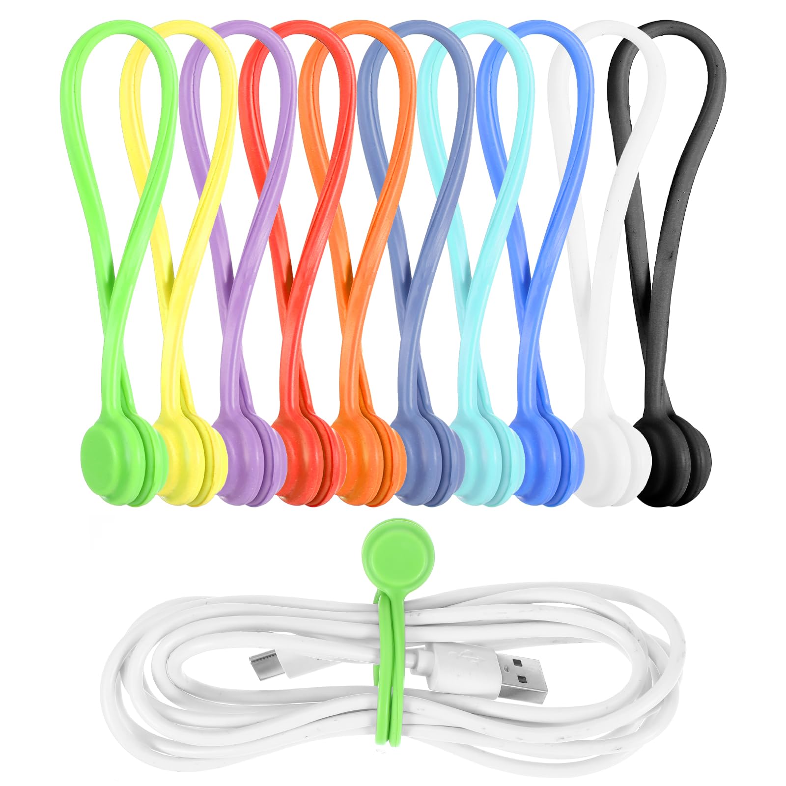 Ptwola 10 Pack Magnetic Cable Ties Reusable Cord Organizer Silicone Multicolor Small Electrical Cord Holder Management Twist Ties Keeper Wrap Clips for Charging Cable Fridge Magnets Hanging Stuff