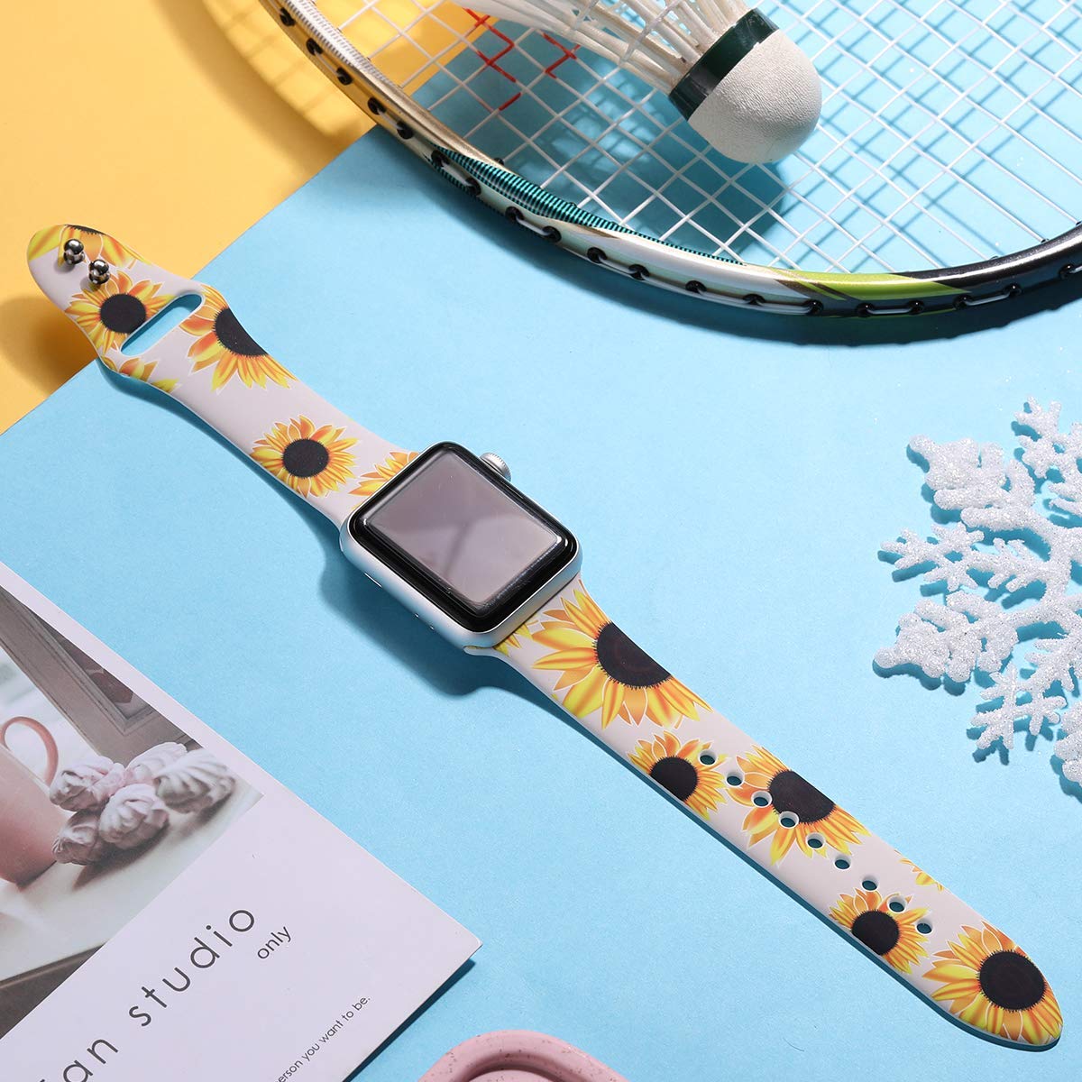 Premium Soft Silicone Band Compatible with Apple Watch Replacement for iWatch Strap Series 5 4 3 2 1 Black Red Green 38/40 42/44 (Sunflower-White, 38mm/40mm)