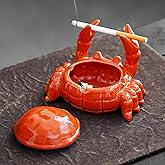 Ashtray with Lid, Windproof Tabletop Ceramic Cigarette Ash Tray for Outside or Inside, Crab Decor