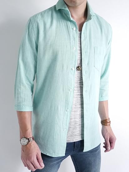 Amazon オークランド Oakland 七分袖 リネンシャツ 綿麻 コットン カラー 7分袖 サマー 夏 デザイン メンズ ミントグリーン Mサイズ シャツ 通販