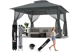 FUNG YARD Pop Up Gazebo 11x11 - Outdoor Canopy Tent with Mosquito Netting & Wheeled Carry Bag, Double Roof Gazebos for Backyard Party Garden Wedding Camping (Gray, 11x11)