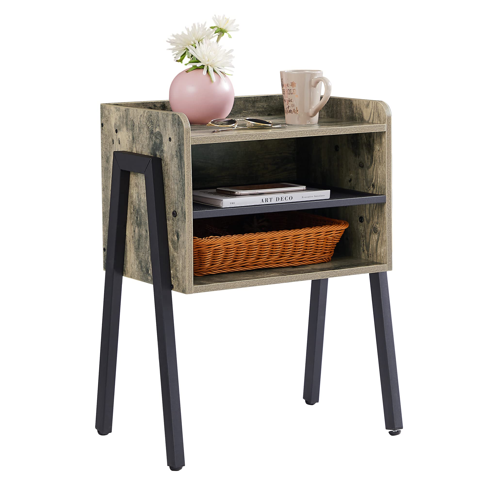 VECELO Night Stand Industrial End Table,Bedside Table with 2-Tier Open Storage Compartments for Bedroom, Living Room and Small Spaces Image VECELO Night Stand Industrial End Table,Bedside Table with 2-Tier Open Storage Compartments for Bedroom, Living Room and Small Spaces Image