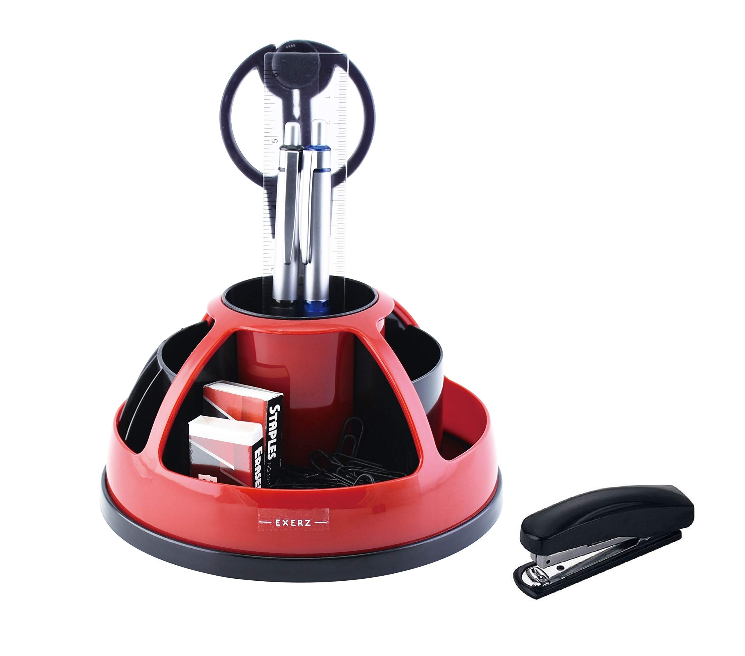 EXERZ Desk Organiser Red, Rotating Pencil Holder, Desk Tidy Swivel 360° Stationery Included(Red)