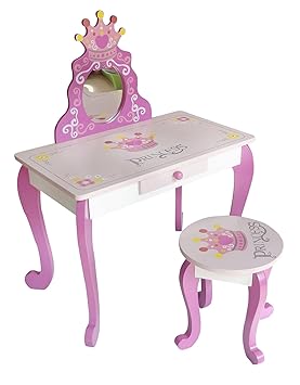 Kiddi Style Prinzessinnen Kinderschminktisch mit Spiegel und Hocker – stylischer Prinzessin Stuhl mit Schminktisch, Frisierti
