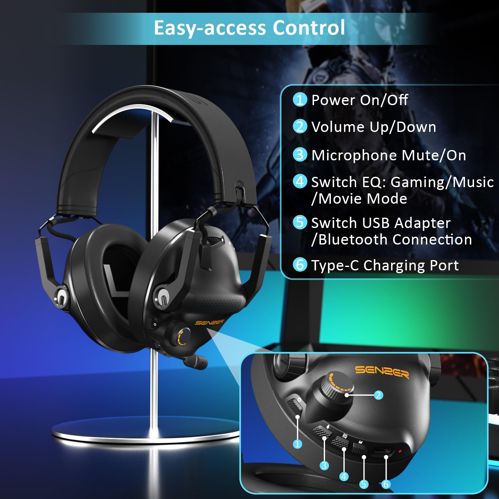 SENZER SG600 Wireless Gaming Headset with Microphone - 7.1 Surround Sound, Noise Canceling Mic, 2.4GHz Wireless & Bluetooth 5.3 - Foldable Gaming Headphones for PC PS5 PS4 (Not Xbox Compatible)