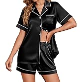 Ekouaer Womens Satin Silk Pajamas Set Short Sleeve Sleepwear Button Down Top and Shorts Loungewear 2 Piece Pjs Set S-XXL