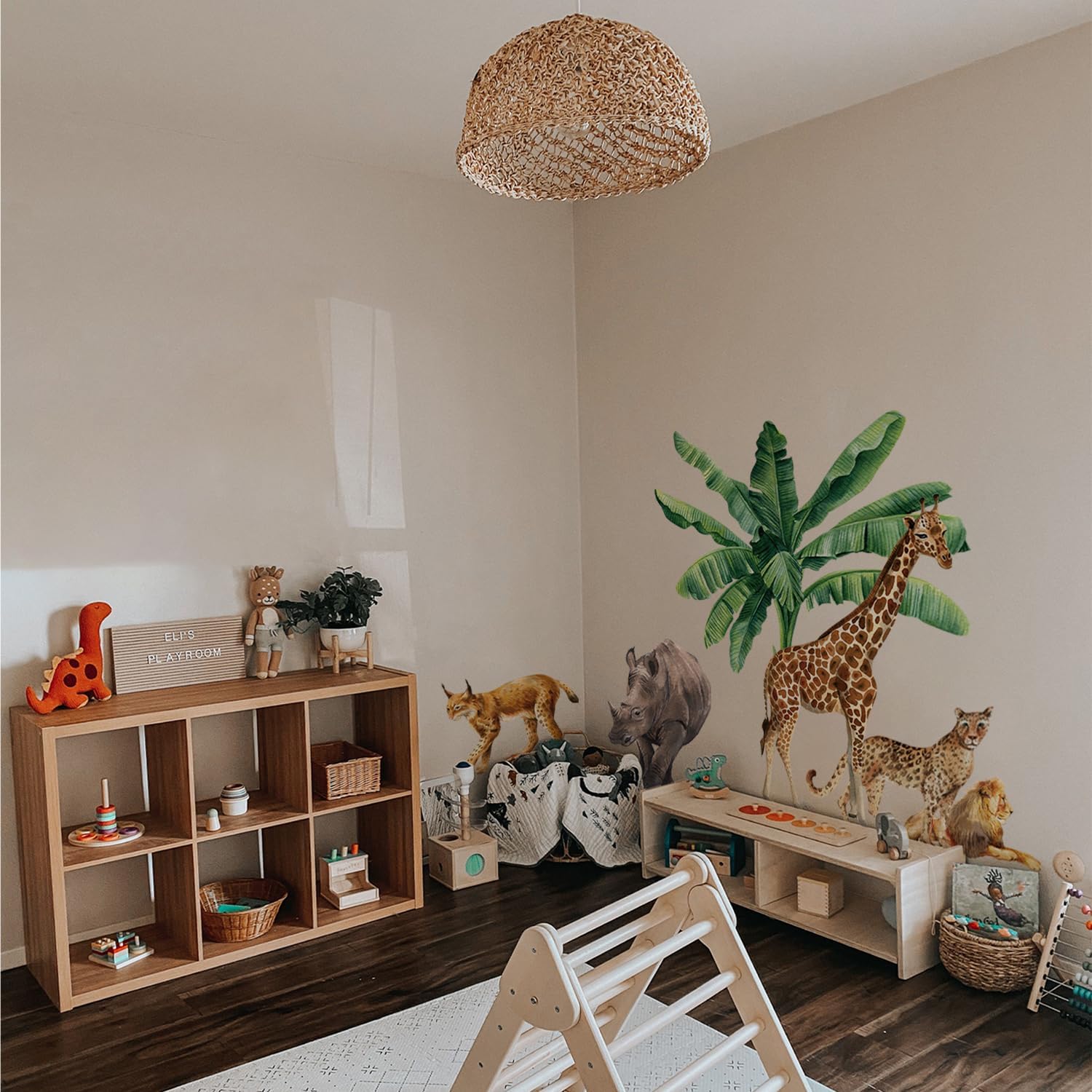 Photo 1 of astrkiz Large Safari Animals Wall Mural Sticker Peel and Stick, Textured Vinyl Rhinoceros Wallpaper Jungle Wall Decal, Nursery Safari Animals Wall Art Decor for Boys Bedroom Playroom Kids Room