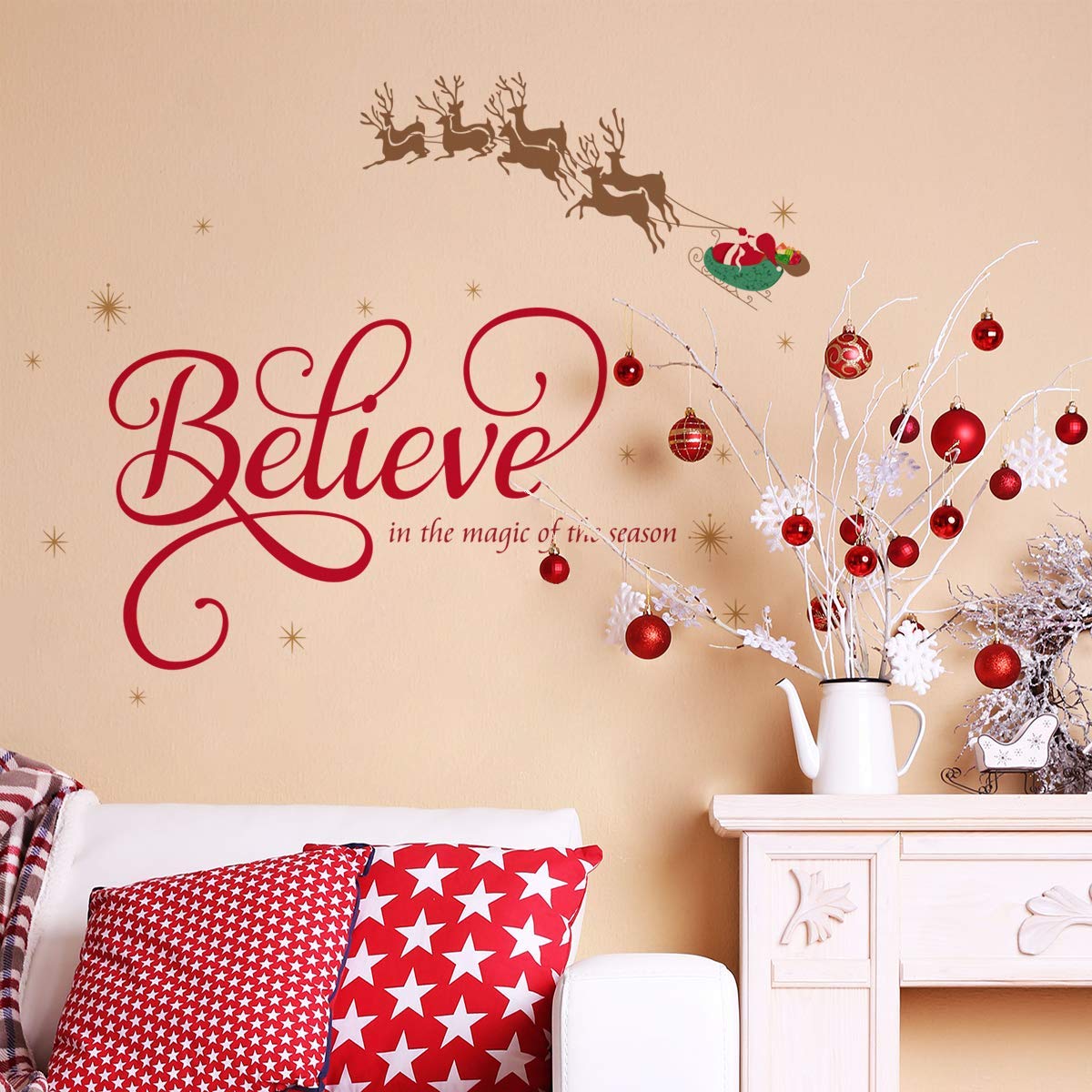 ufengke Believe Quote Wall Stickers Santa Claus Reindeer Snowflakes Window Clings Decal for Showcase Home Decor Merry Christmas Decoration