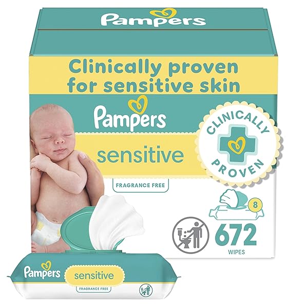 PAMPERS BABY WIPES, SENSITIVE, WATER BASED WIPE, CLINICALLY PROVEN, HYPOALLERGENIC, AND UNSCENTED FOR BABIES, 672 WIPES TOTAL (8 FLIP-TOP PACKS)