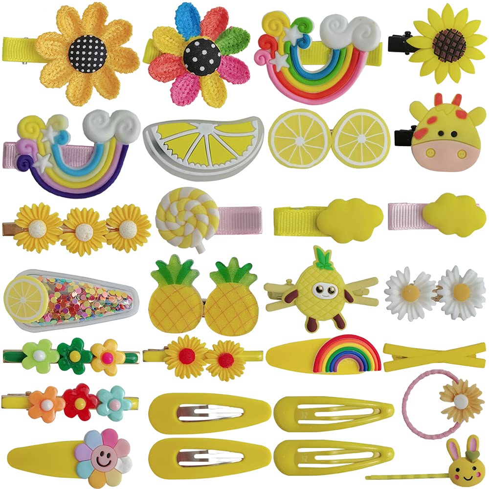 Girls Barrettes, 28 PCS Girls Hair Clips Lovely Multiple Color and Multiple Style Hairpin for Baby Girls Children as Birthday Christmas Children Day Gift (Yellow)