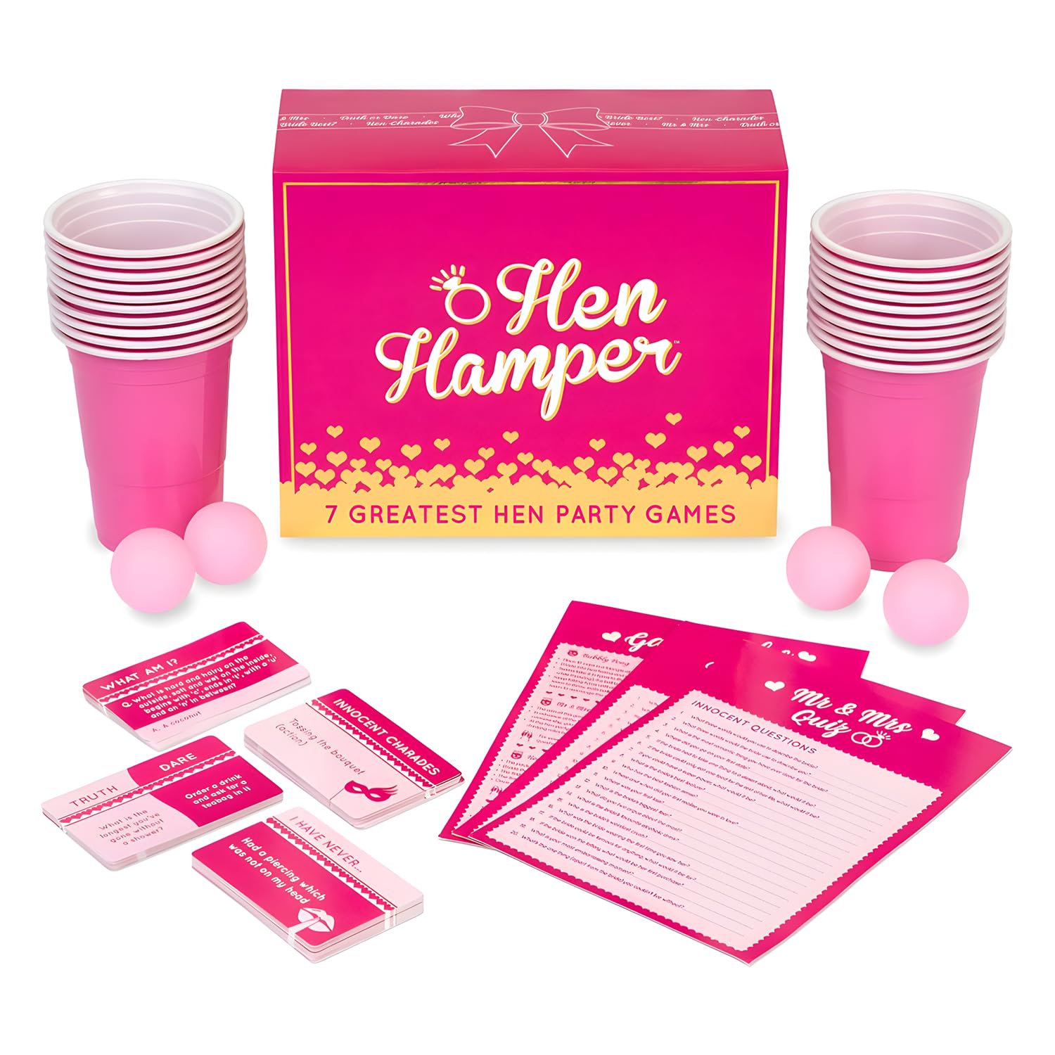 Hen Hamper - 7 Hilarious Hen Party Games (Bubbly Pong, Mr & Mrs, Hen Charades, I Have Never, Who Knows The Bride Best, What Am I, Truth or Dare)