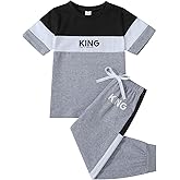 Axumity 6-12 Years Kid Boys Clothes Outfits Casual Crew Neck Colorblock Short Sleeve Top Fall Pants Set