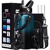 32/40/64/128 oz Insulated Water Bottle with straw & Spout Lids Keep Cold 48H Hot 24H, Large Water Flask Bottle with Shoulder Carrier Bag, Paracord Handle & Boot for Gym, Workout & Beach