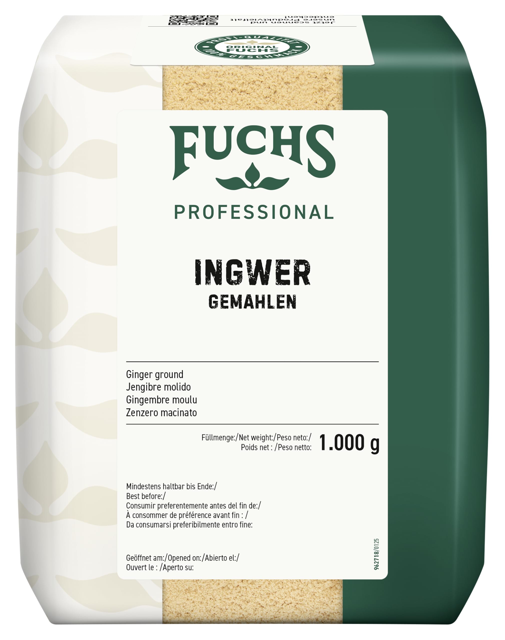 Fuchs Professional - Ingwer gemahlen | Scharfes Gewürz für Curry-Gerichte und Chutneys | Profi-Qualität für Großverbraucher und Gastronomie | 1 kg im recyclebaren Beutel