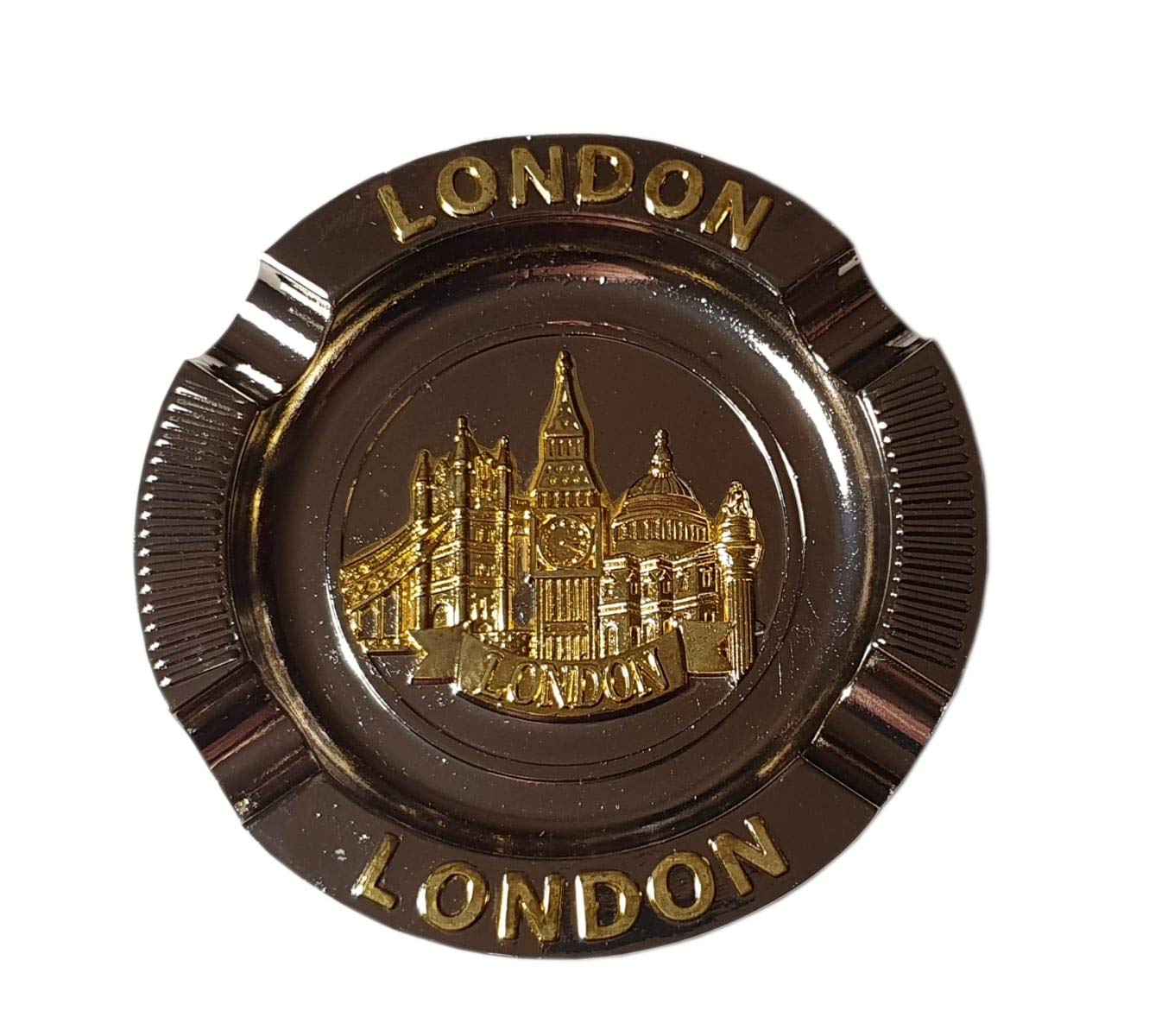 London Icons Mini Metal Ashtray - Collage in Golden Colour - Tower Bridge - Big Ben - Saint Paul's Cathedral - British Souvenir for Home from England UK
