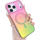 Heaofei Aesthetic Case for iPhone 17 Pro Case for Women Girls [Compatible with Magsafe] Cute Girly Trendy Glitter Sparkly Rainbow Magnetic Protective Phone Cover, Matte Iridescent Pink & Green