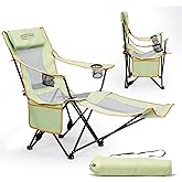 YOUNG WOOD Camping Lounge Chair, Portable Reclining Camping Chair with Foot Rest, Folding Camping Chair for Adults, Headrest & Storage Bag, Mesh Recliner with Backpack, 330lbs Weight Capacity,Green