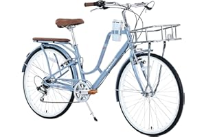 esheno 26 Inch Beach Cruiser Bike for Women, with Coffee Cup Holder (Cup Included),7 Speed Hybrid Bike with Basket & Adjustable Seat, Anti-Skid Tires & V-Brakes City Bike for Women, Multi Colors