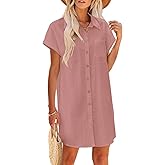 Zeagoo Pink Dress Plus Size Cotton Linen Shift Dress Short Sleeve V-Neck Button On Tshirt Dresses Loose Fit A-line Summer Beach Dresses for WomenXL