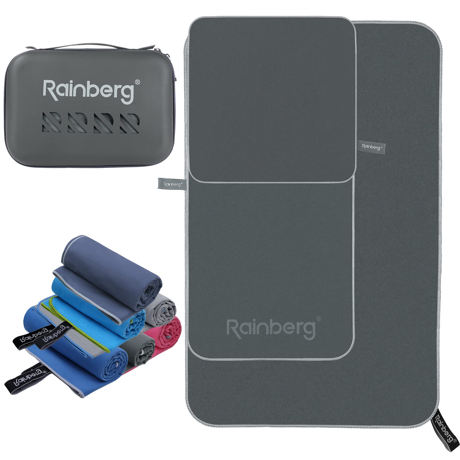 Rainberg 3PK Microfibre Towel, Sports Towel, Travel, Swimming and Beach Towel, Fast Drying, Super Absorbent, Ultra-Compact, Great for Camping, Gym, Beach and Swimming (Dark Grey)