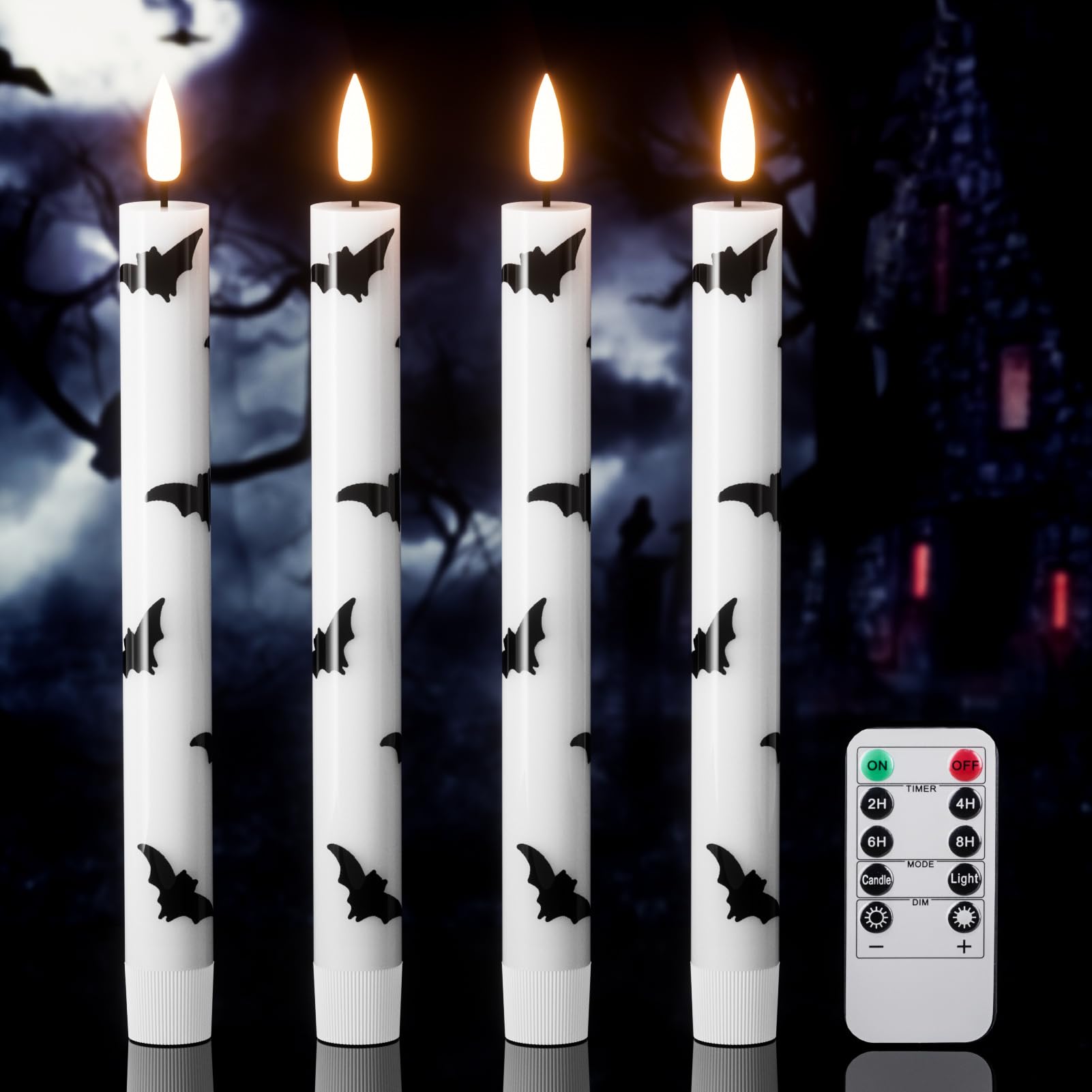 Photo 1 of Lasumora Halloween Flameless Taper Candles with Remote Timer, 4 Pack LED Flickering Candlestick, 9.65 Inch Battery Operated Real Wax Candles with Bat Prints for Halloween Decorations