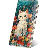Nipichsha Womens Wallet, RFID Slim Wallets for Women, Thin Ladies Credit Card Holder Purse, Cute Leather Bifold Clutch Billfold with 11 Card Slots & ID Window, Flowers Cat